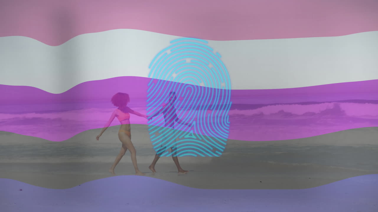 Walking on beach, couple with colorful wave animation in background