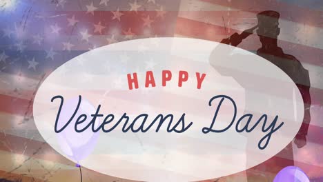 animation of happy veterans day text over balloons, soldier silhouette and american flag