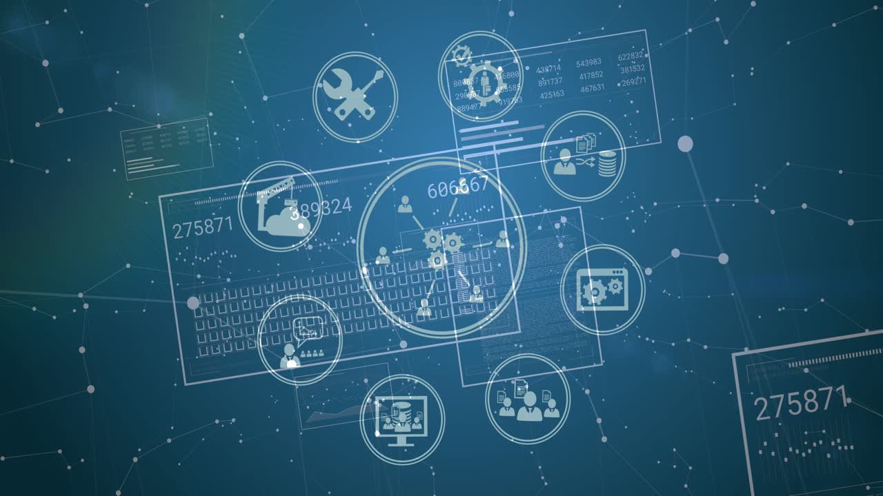 Animation of network of connections with icons and data processing over blue background