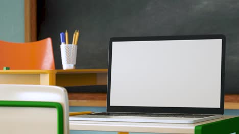modern laptop with white blank screen placed on desk against classroom at school. 3d animation