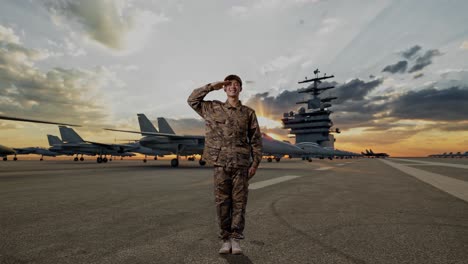 full body of asian man soldier saluting and smiling while standing on aircraft carrier