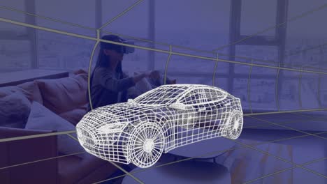 animación de dibujo técnico 3d de un coche, sobre una mujer en casa con auriculares vr