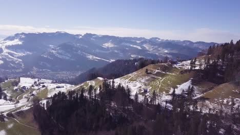 vuelo recto sobre colinas y árboles en suiza