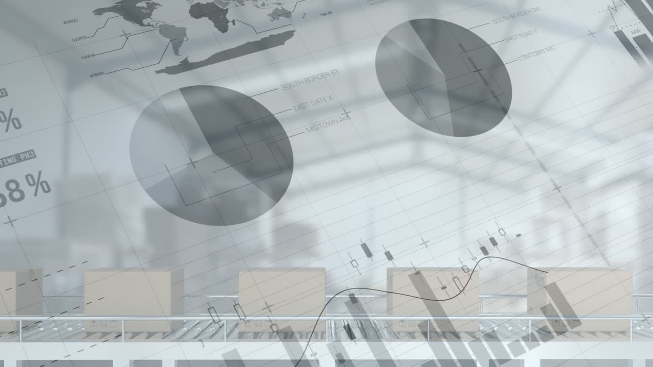 창고의 컨베이어 벨트에 있는 상자 위에서 금융 데이터 처리의 애니메이션