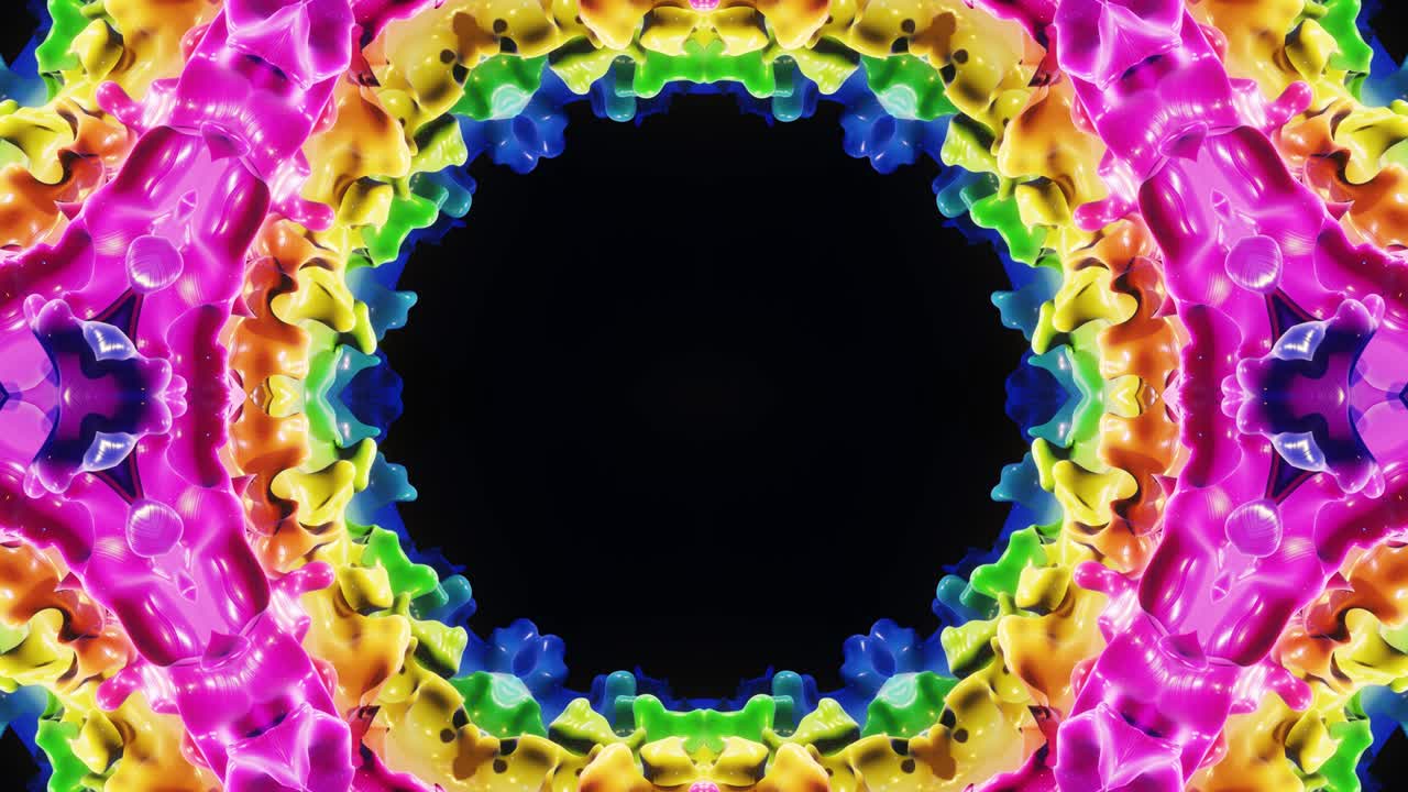 Kaleidoscope effect with abstract waves. Abstract symmetric 3D structures like liquid kaleidoscope in looped animation, smooth color gradients with glow glitter. Beautiful abstract bg 3d pattern. DOF