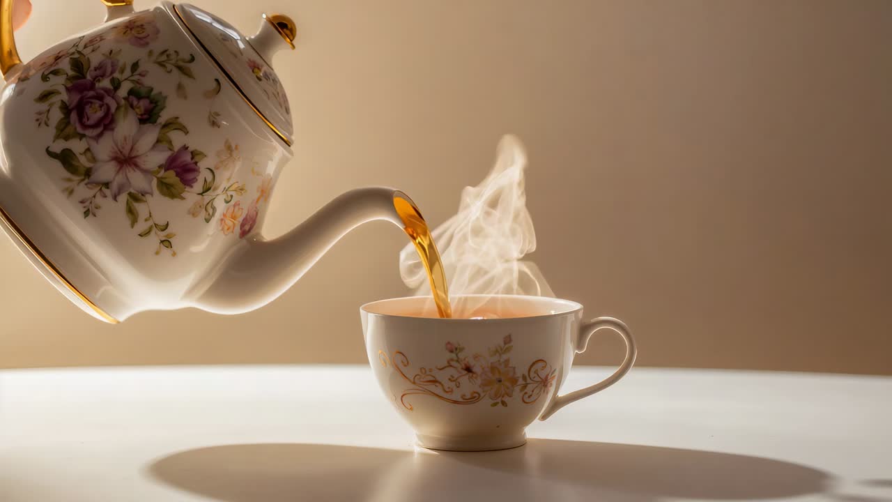 Tilting floral teapot pouring hot tea into matching cup on tabletop filling cup with rising steam
