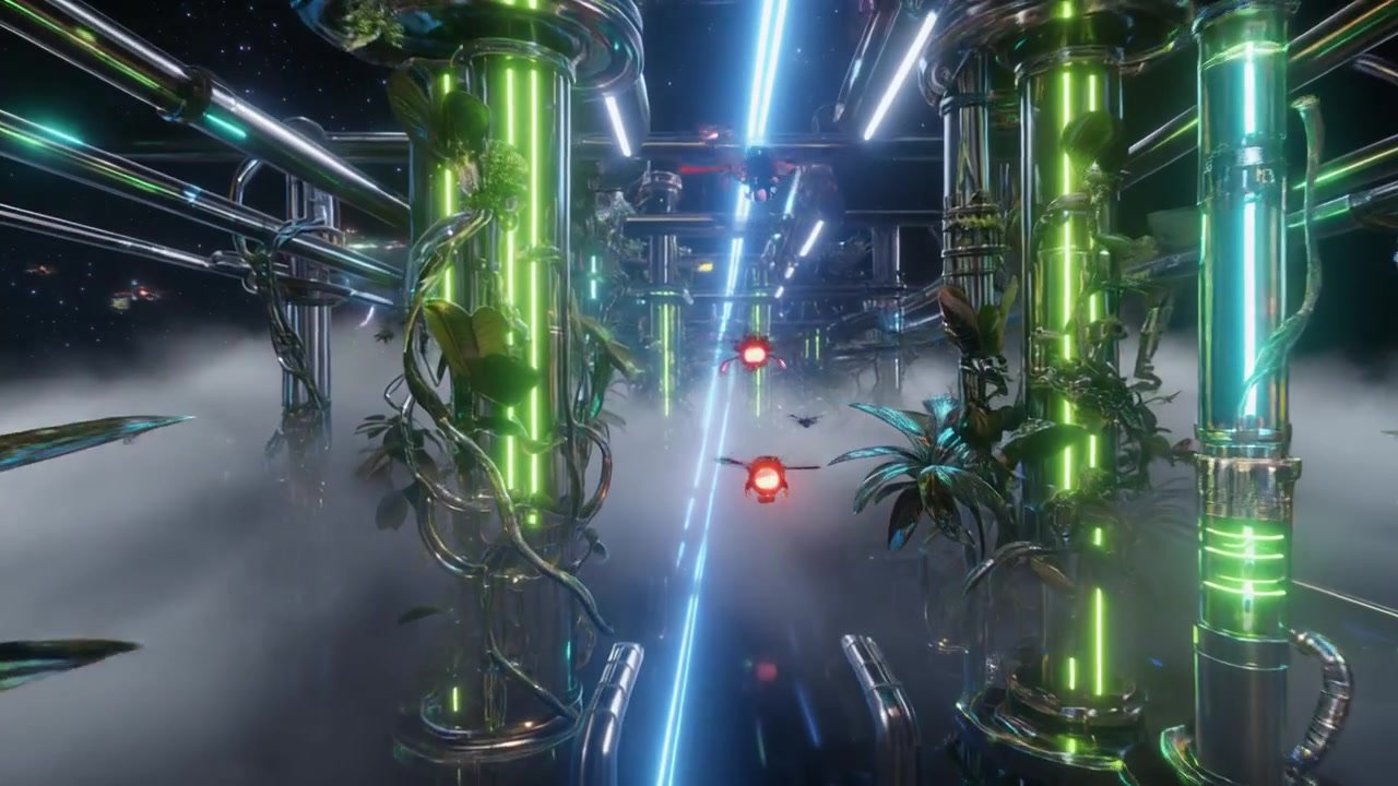 Futuristic Sci-Fi Corridor with Glowing Tubes and Flying Drones