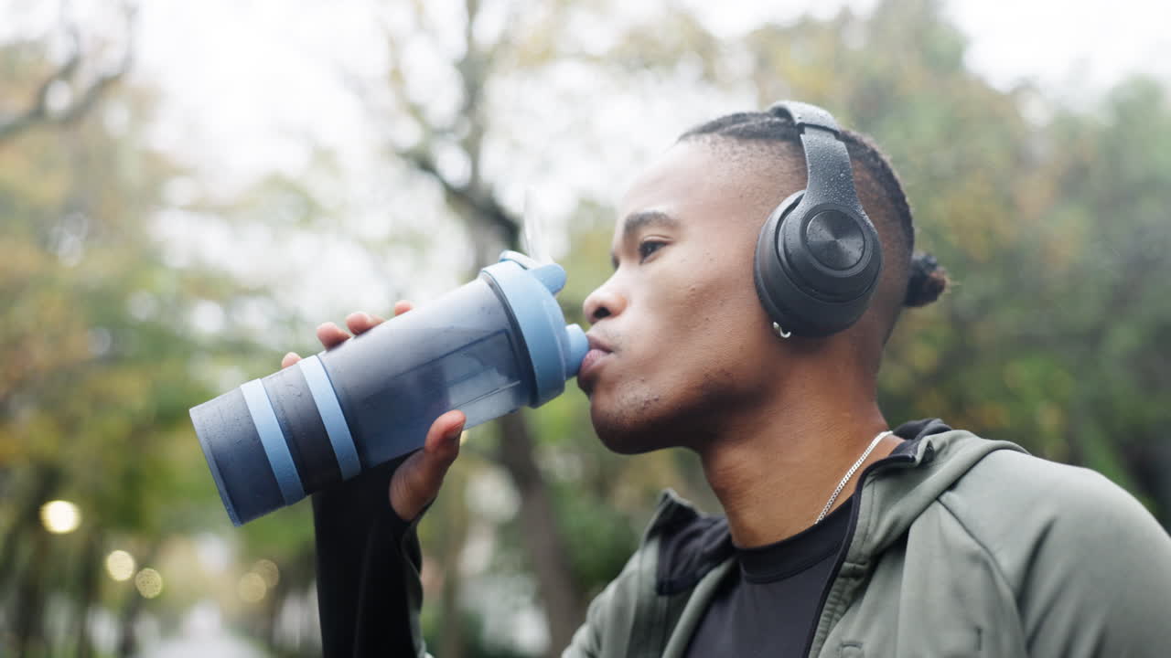 hombre, auriculares y agua potable en el parque