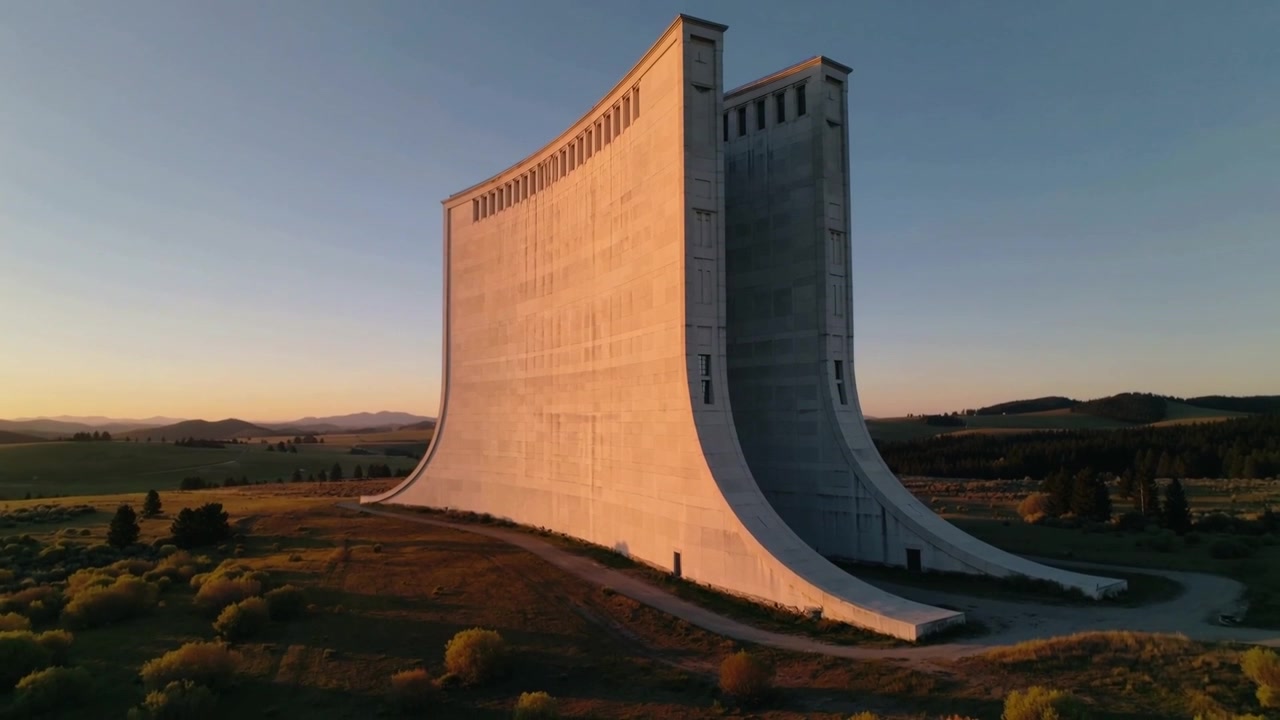 Rörlig kamera som långsamt kretsar runt en stor böjd betongstruktur vid solnedgången, betonar ramper och torn.