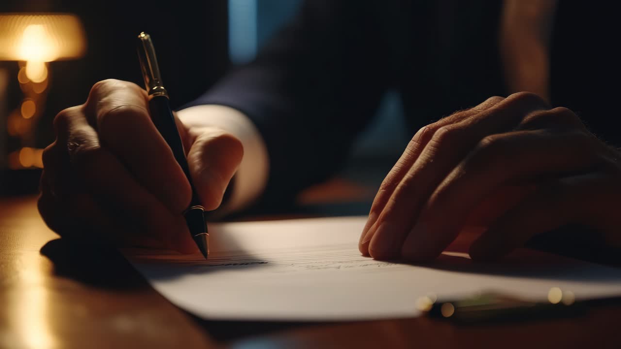 Close-up video shot of hands writing on paper in dim light, creating an intimate, focused atmosphere