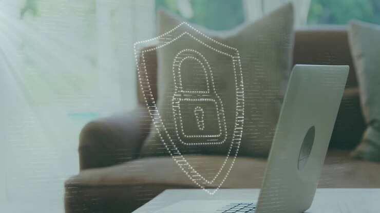 Animation of shield with padlock over laptop at home