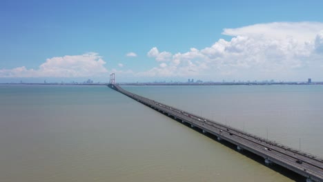 Aerial-view-of-Suramadu-bridge-located-in-East-Java-between-Island-Surabaya-and-Madura,-beautifull-landmark