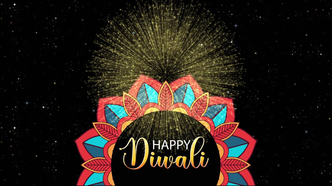 Design vibrante di mandala con la scritta Happy Diwali su uno sfondo di cielo notturno stellato e fuochi d'artificio esplosivi.