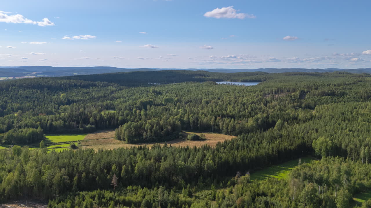 Pristine forested countryside of Dalarna in Sweden, aerial dolly hyperlapse