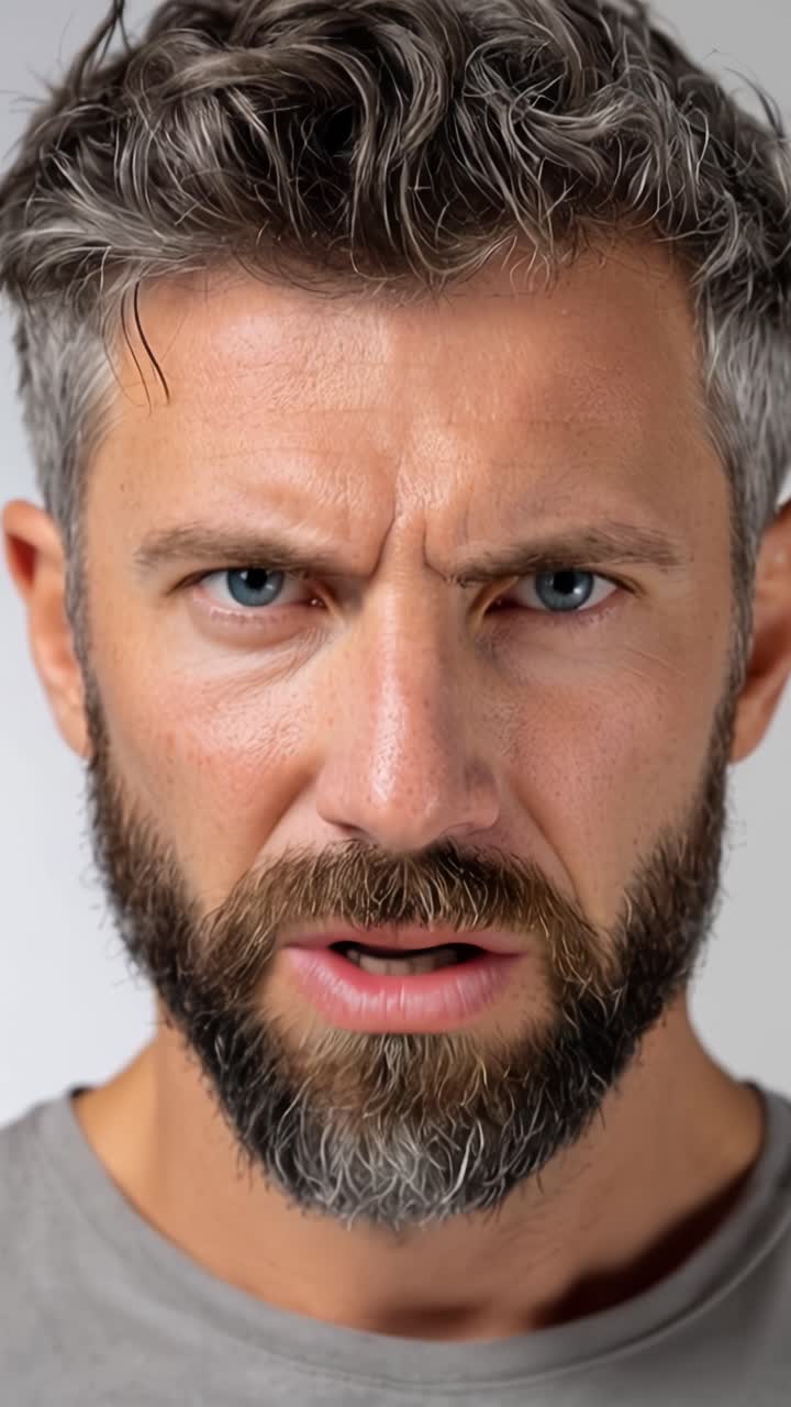 Intense Expressions: Capturing a Man's Transformative Mood from Serious to Menacing in Two Frames Showing Strong Emotions and Gritting Determination