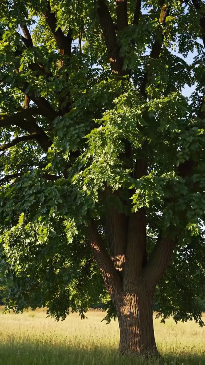 Large Green Tree with Leaves Swaying in a Sunny Field