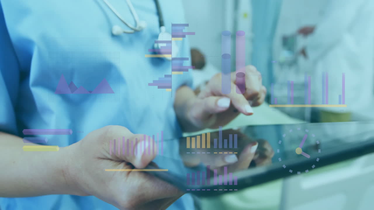 Animation of financial data processing over caucasian female doctor using tablet in hospital