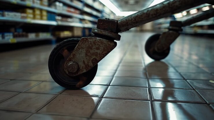 Close-up of a shopping cart wheels in a grocery store