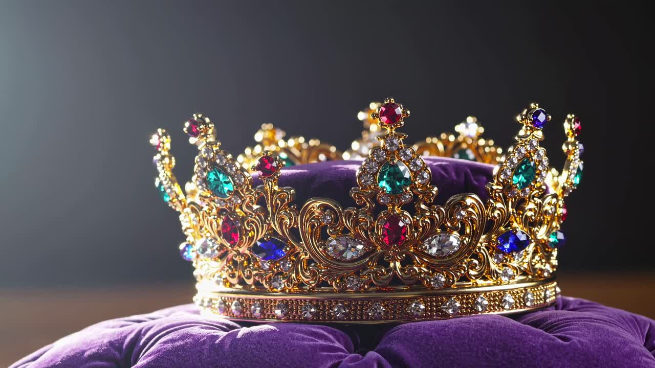 A close-up video shot of an ornate, jeweled crown on a purple cushion, showcasing intricate details