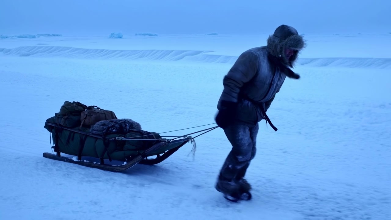Arktisk utforsker trekker tung slede, sliter seg over islagt slette under blått lys, parkas med pelshette, tungt kledd.