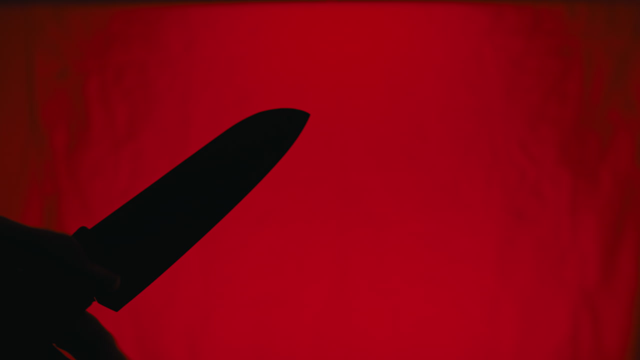 Silhouette of a hand holding a knife on a red background copy space
