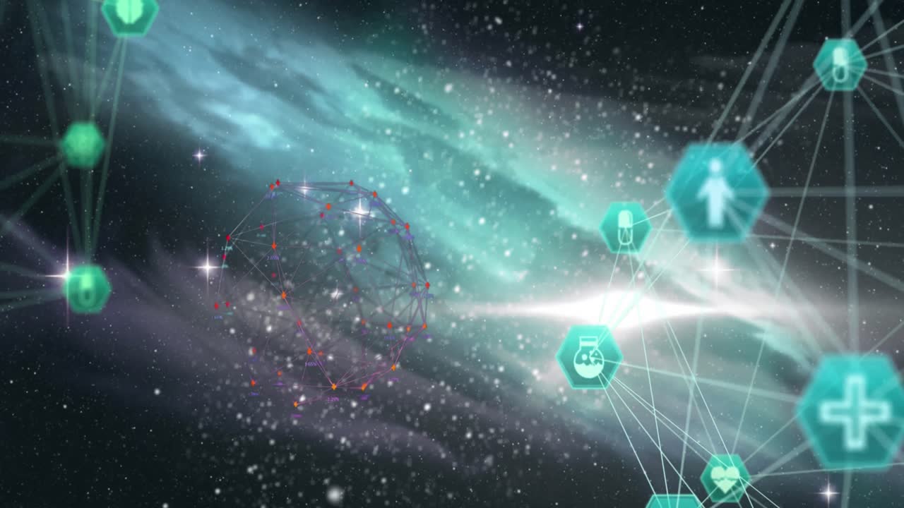 animación de la red de conexiones con iconos en fondo oscuro