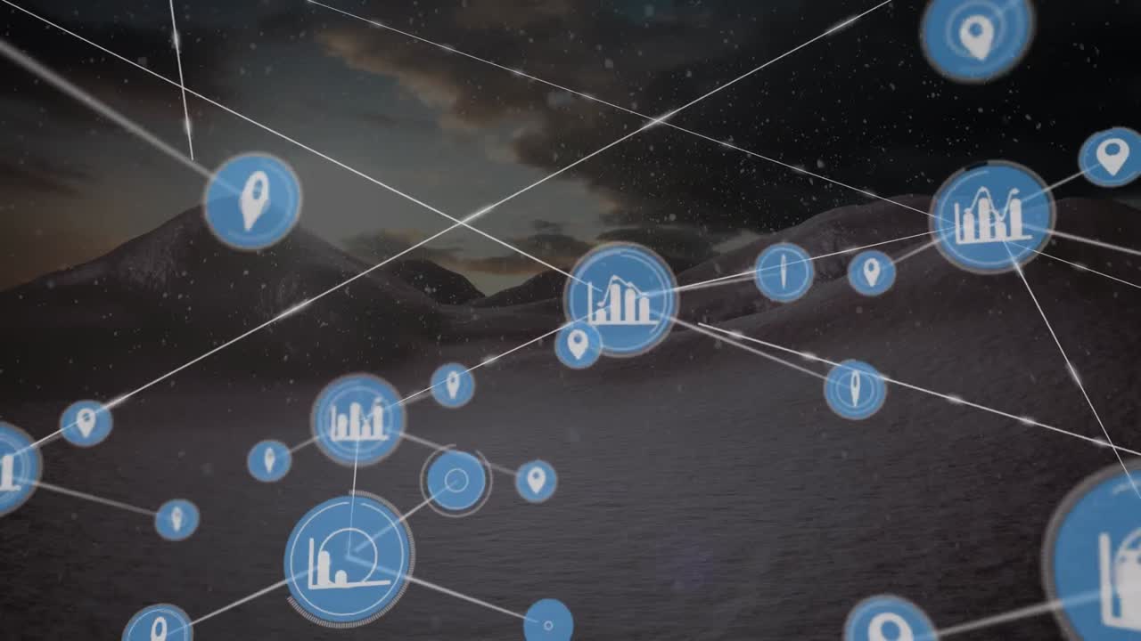 animación de la red de conexiones con iconos sobre el paisaje al atardecer