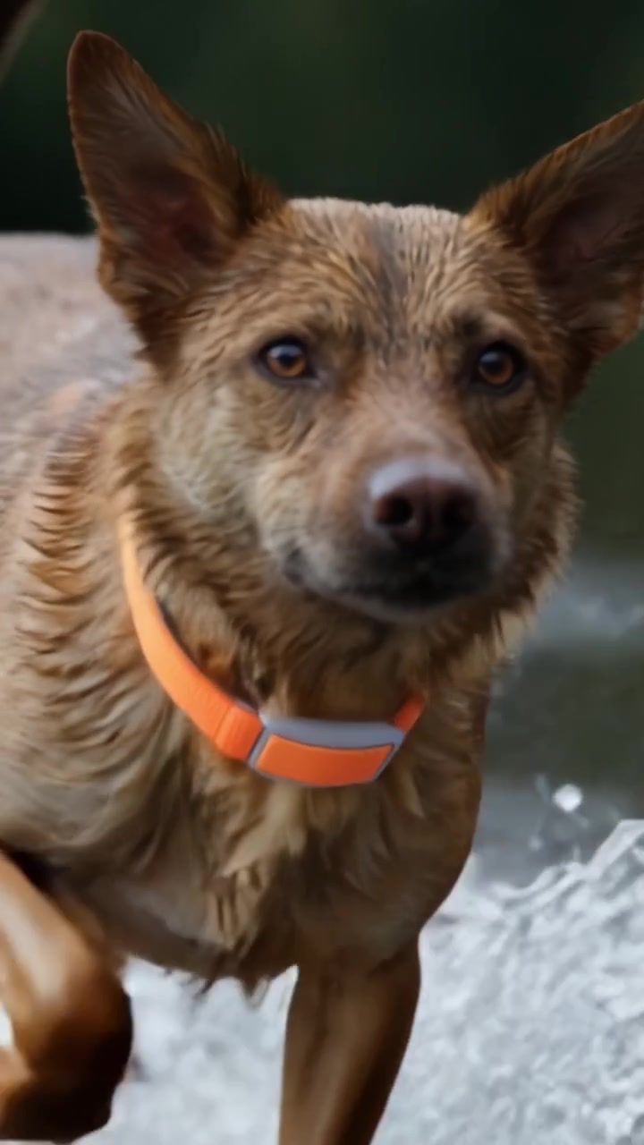 A Playful Dog Thriving in Water, Showcasing Joy and Energy While Splashing Through Waves with a Bright Orange Collar and a Water-Soaked Fur Coat