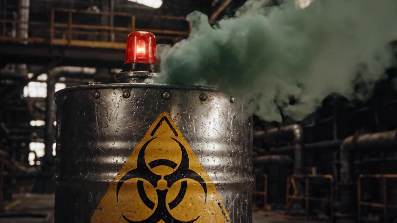 In a dimly lit industrial setting, a rusted barrel emits thick green smoke while an alarm light flashes, signaling potential danger from hazardous materials inside.