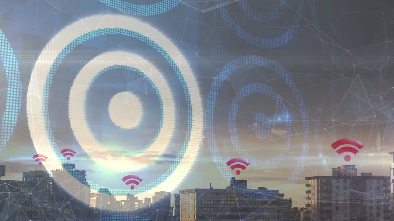 animación de rascacielos con símbolos wifi y círculos azules y blancos