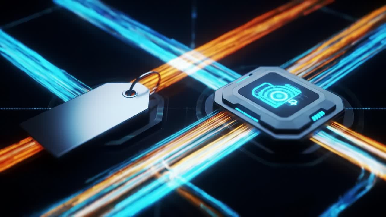 Abstract Design Featuring a Digital Tag and High-Tech Chip with Vibrant Light Trails Integrating Modern Technology in a Futuristic Setting