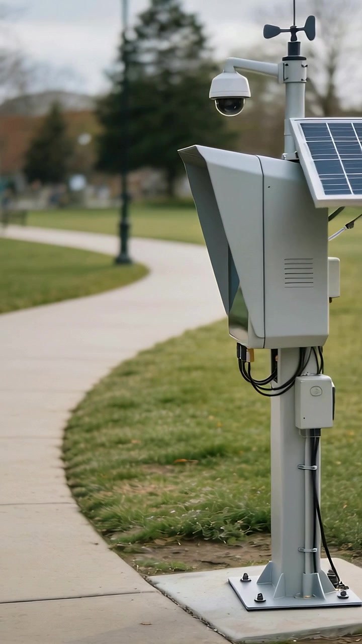Video verticale: Panoramica che mostra una stazione solare con pannello, telecamera e anemometro vicino a un sentiero.