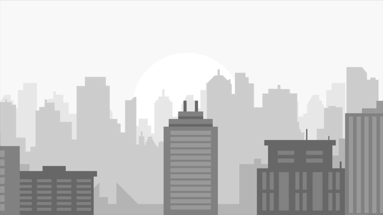 city skyline landscape view, town buildings and skyscrapers, urban cityscape town sky. Architecture silhouette of downtown. minimalistic panoramic sight. looped animation with 2d parallax effect