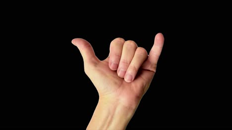 Close up shot of a male hand throwing a classic hang loose sign, against a plain black background