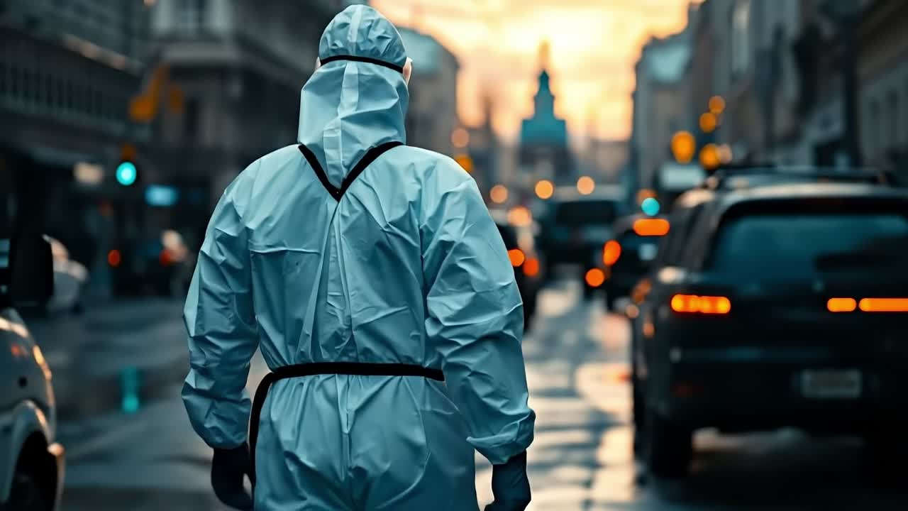 A man in a protective suit walking down a city street