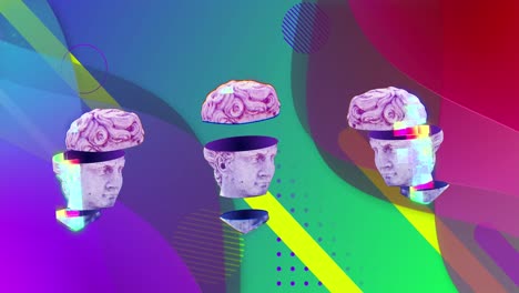 animation of antique head sculptures over neon shapes on bright background