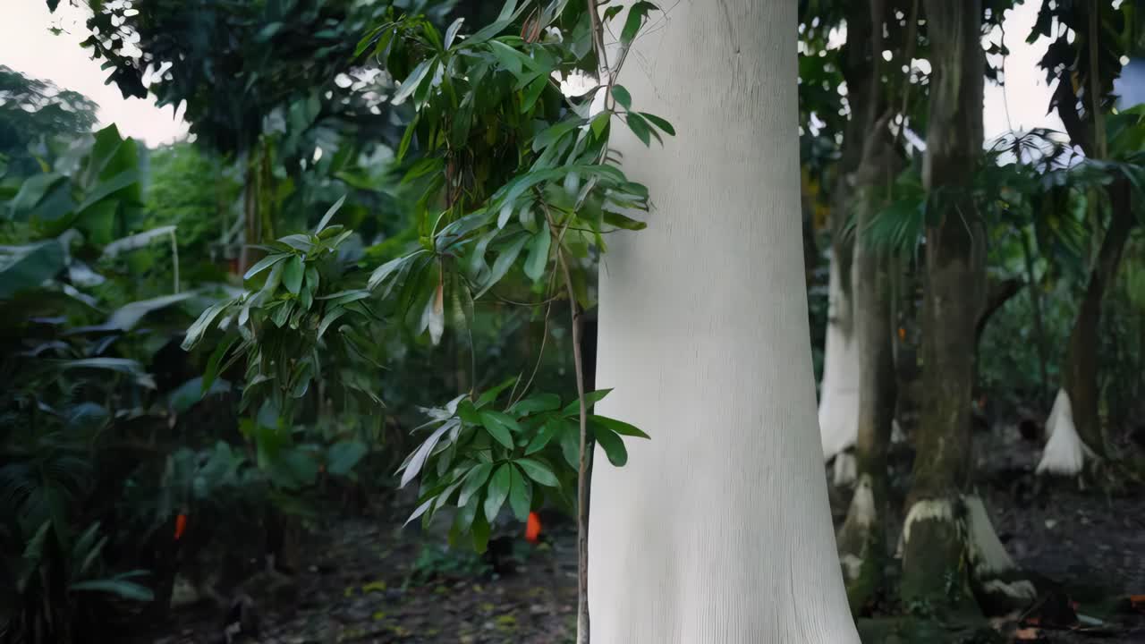 tronco de árbol blanco en un exuberante jardín tropical