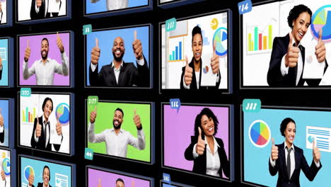 multiple screens showcasing people in a virtual business conference with data charts