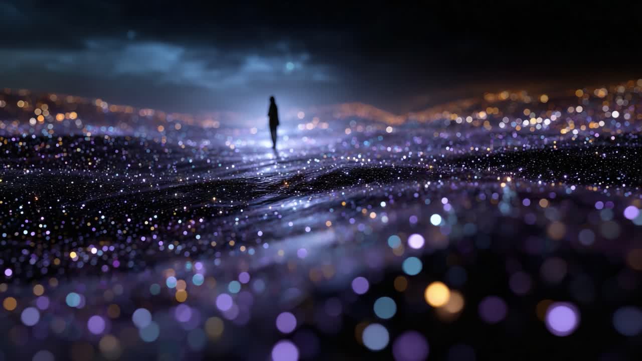 A solitary figure stands in a vast, shimmering landscape of purple and blue lights, creating a dreamy and enchanting atmosphere in a cosmic-inspired setting