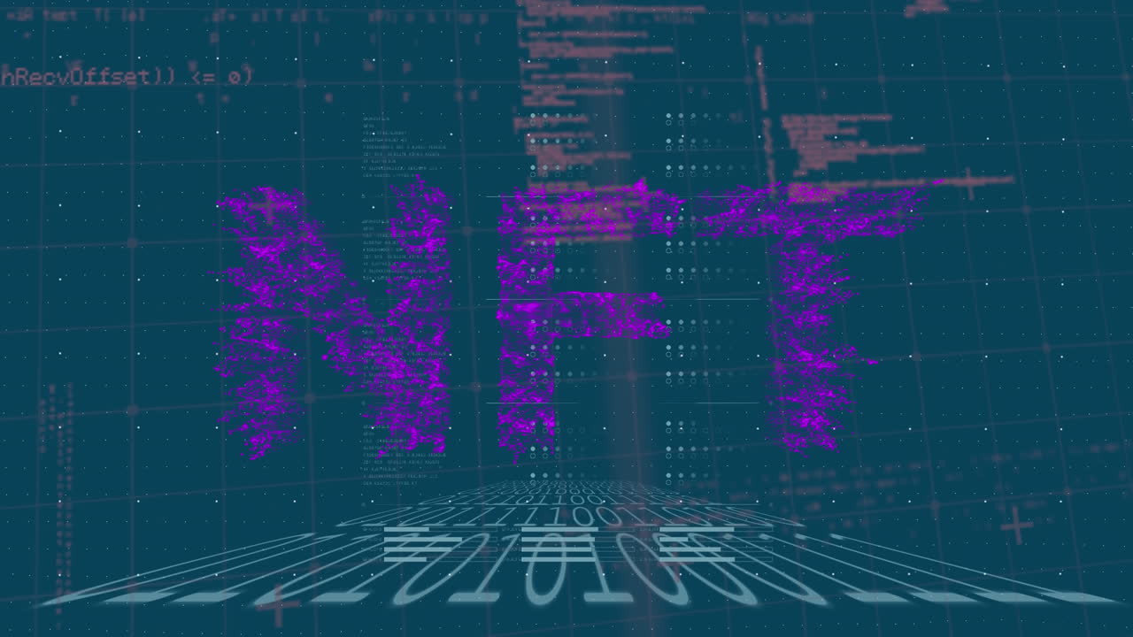 데이터 처리의 애니메이션과 파란색 배경에 nft 텍스트