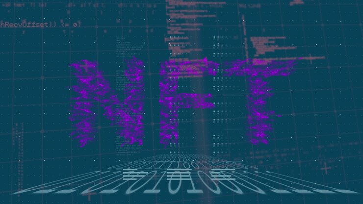 Animation of data processing and nft text over blue background