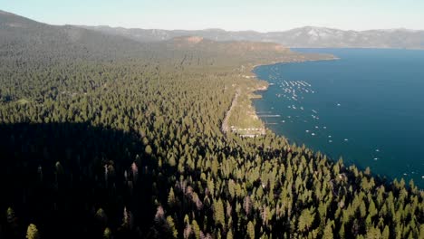 aerial pan over agate bay in lake tahoe near kings beach.