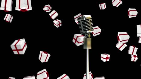 Animation-of-vintage-microphone-with-christmas-presents-falling-on-black-background