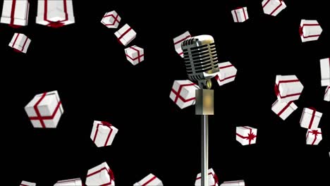 animation of vintage microphone with christmas presents falling on black background