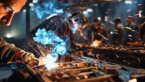 workers crafting metal components in an industrial workshop at night