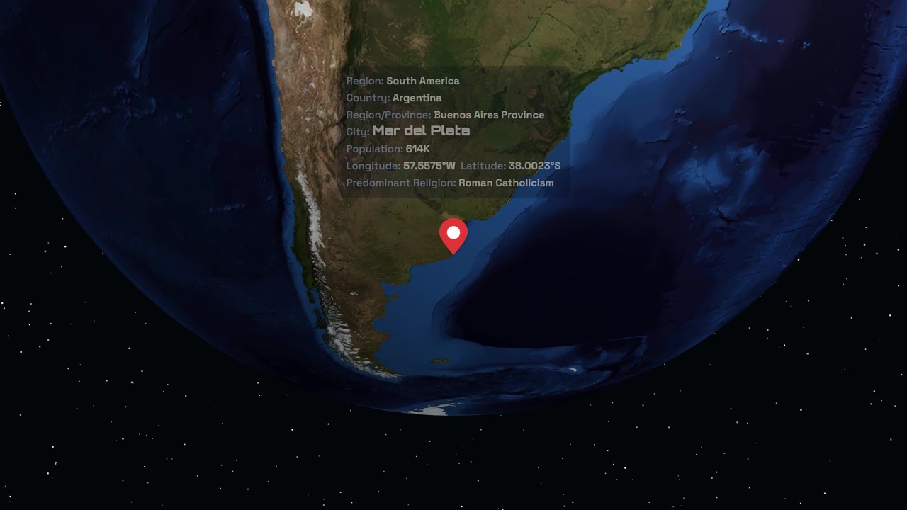 Digital globe rotates and zooms into Mar del Plata, Argentina, with informational data overlay