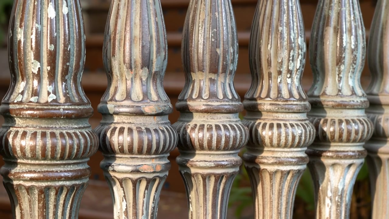 Close-up view of weathered ornamental metal balusters arranged in repeating vertical pattern, showing carved fluted shapes, chipped paint, patina, and metallic sheen against warm softly blurred