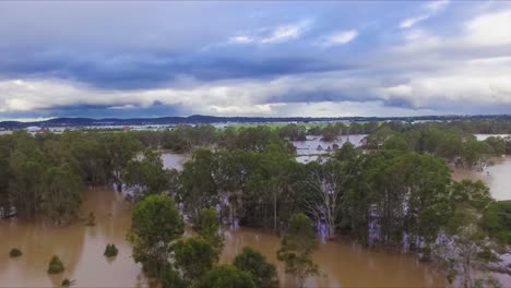 queensland, nsw, australia, february floods - stunning aerial drone shot travelling over flooded bushland and over inundated flood plains in brisbane, under dramatic stromy skies