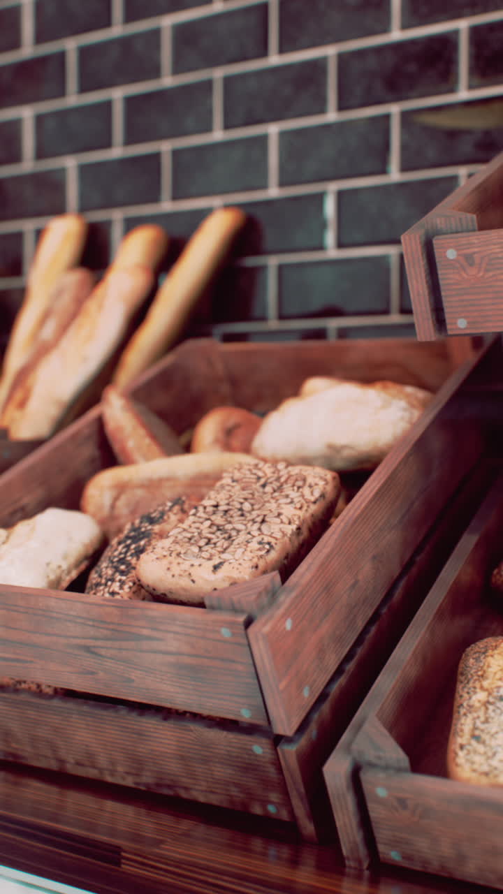 pan recién horneado en cajas de madera en una panadería