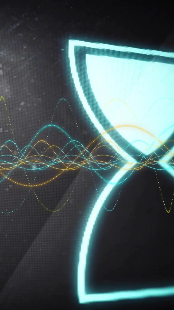 Animation of loading hourglass icon over spirals on black background